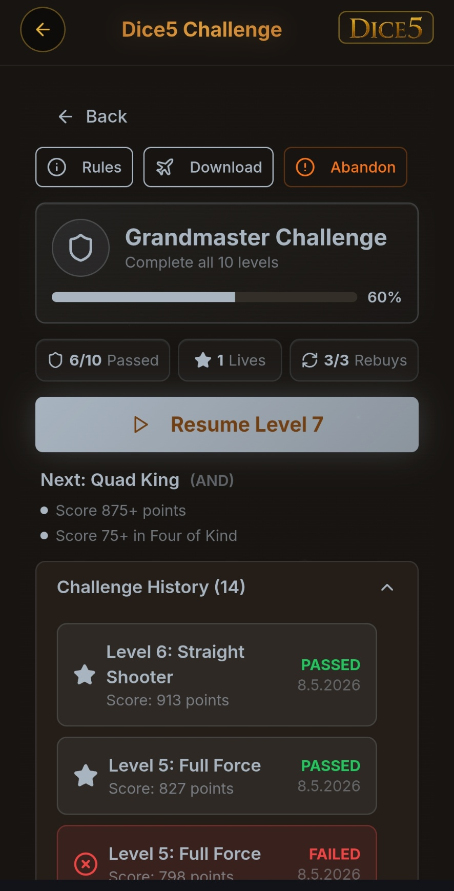 Dice5 Legend Challenge — Grandmaster tier in progress.