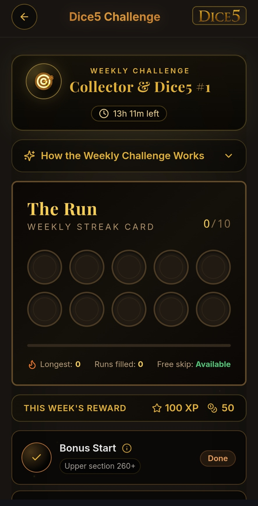Dice5 Weekly Challenge — streak card and puzzle of the week.
