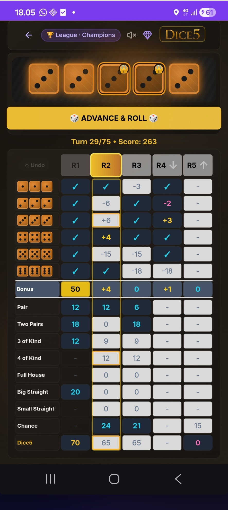 Dice5 in-game scorecard with five dice and scoring rows.