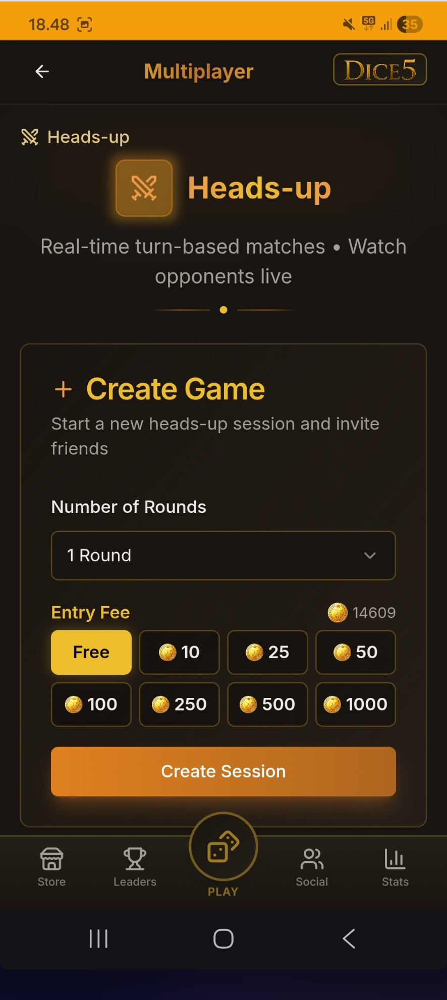 Dice5 Heads-Up real-time 1v1 duel screen.