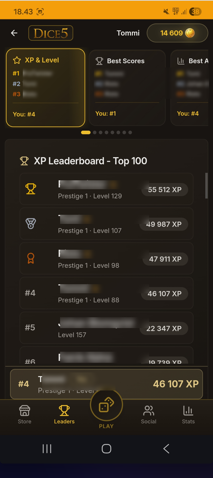Dice5 — Leaderboards screen.