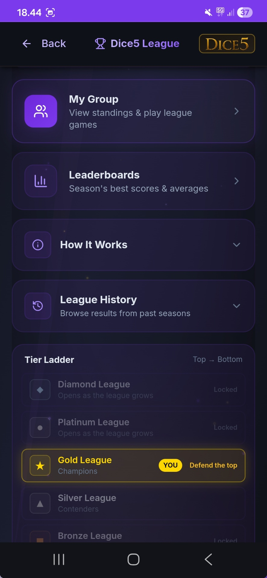 Dice5 — League screen.