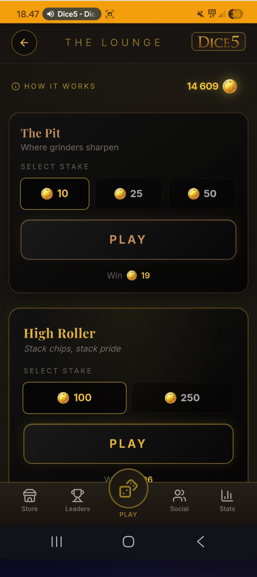 Dice5 — Lounge screen.