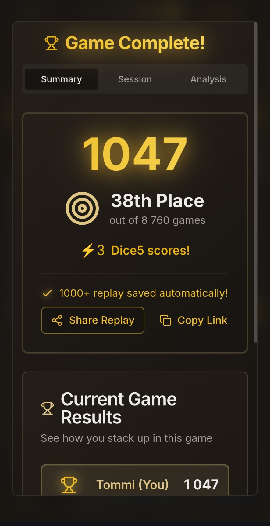 Dice5 Solo game complete — 1047 score, 38th place out of 8,760.